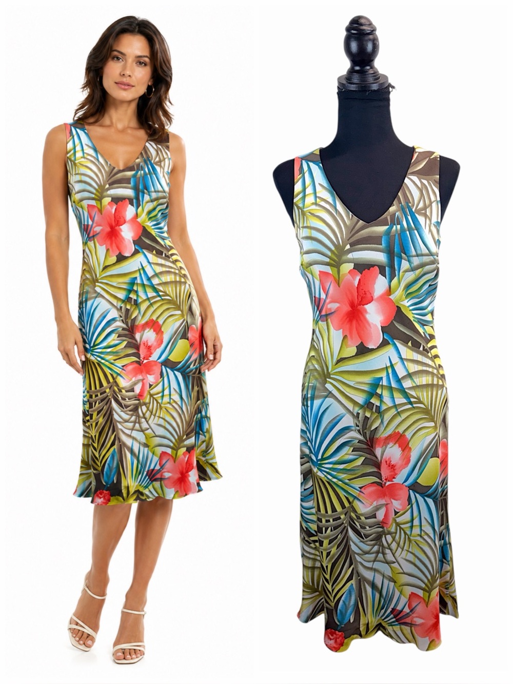 Vintage 90s Casual Corner Silk Tropical Floral Midi Dress Hawaiian Size 4